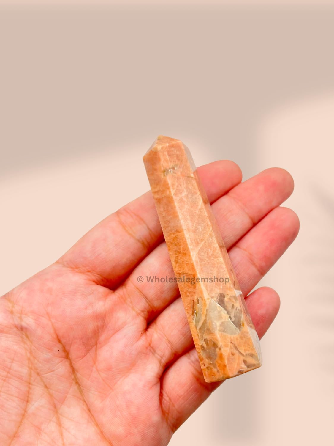 WholesaleGemShop 3 Inch (70 mm) Gemstones Peach Moonstone Obelisk Tower Jumbo Facet Aura Rock Crystal Natural Polished Earth Wand Spirit