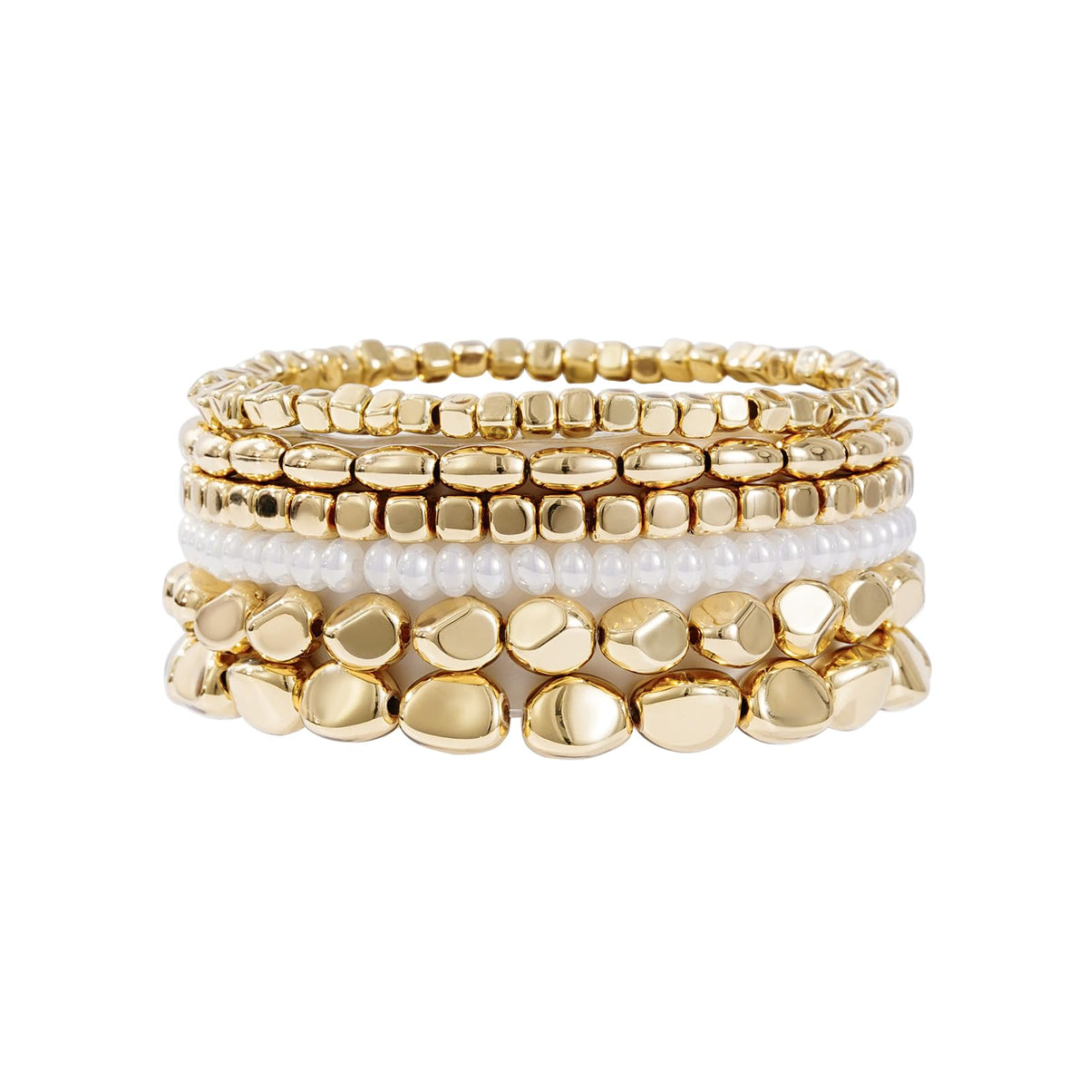 Sajidos Gold Plated Beaded Bracelets for Women Trendy, 14K Gold Plated Stack Cross Pearl Bead Stretch Bracelets Set Elastic Hypoallergenic Bracelets Jewelry Gifts (style9)