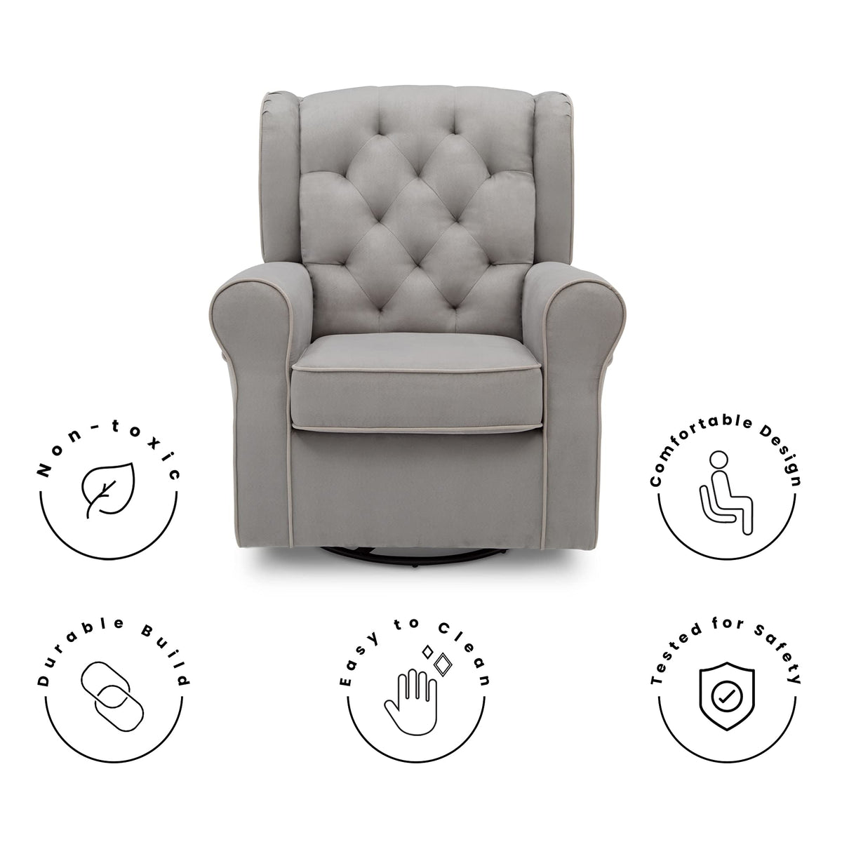 Delta Children Emerson Upholstered Glider Swivel Rocker Chair, Dove Grey with Soft Grey Welt