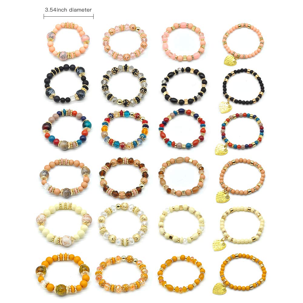 VONRU Bohemian Bracelet Sets for Women - 6 Sets Stackable Stretch Bracelets Multi-color Boho Jewelry for Women Hippie Bracelets Dainty Jewelry Best Friend Gift (Stackable bracelets with heart charm)