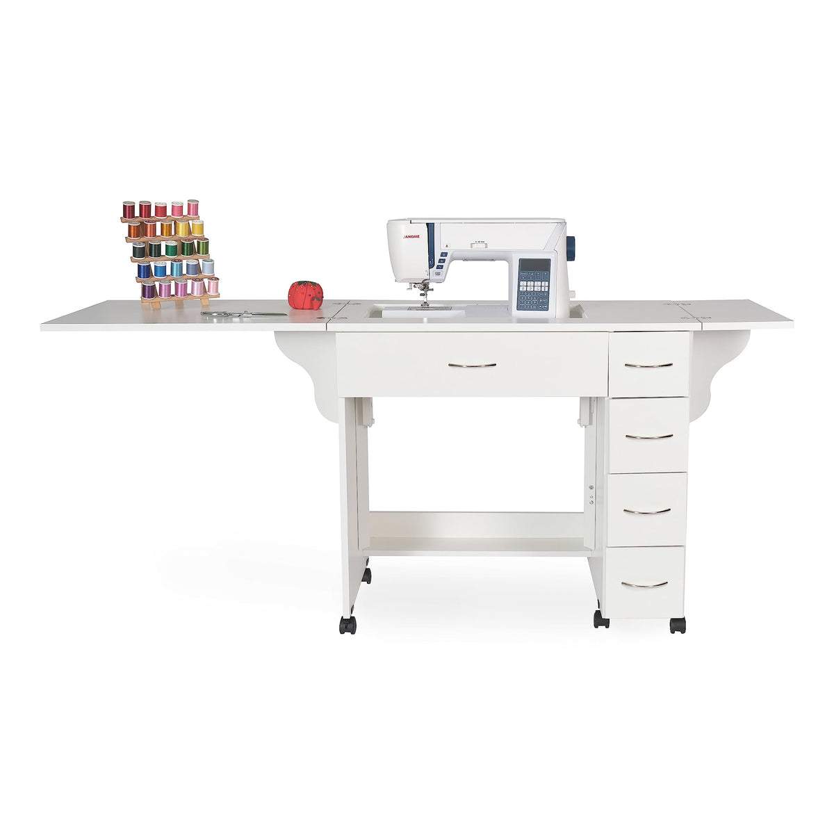 Arrow Classic Sewing Furniture Alice Compact Mid-Size Sewing Cabinet with Hydraulic Machine Lift, Drawers, Expandable Leaves, Locking Wheels - Ash White