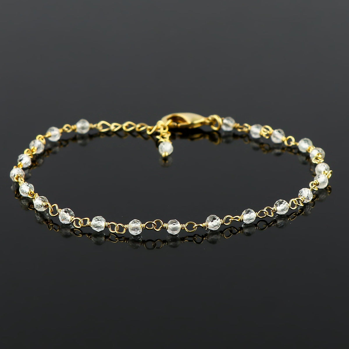 CRYSTALINES Natural White Topaz Gemstone Rosary Bracelet, 14K Gold Plated, Handmade Women Jewelry, Healing Crystals & Beads, Adjustable Chain 8inch, Gift for Her