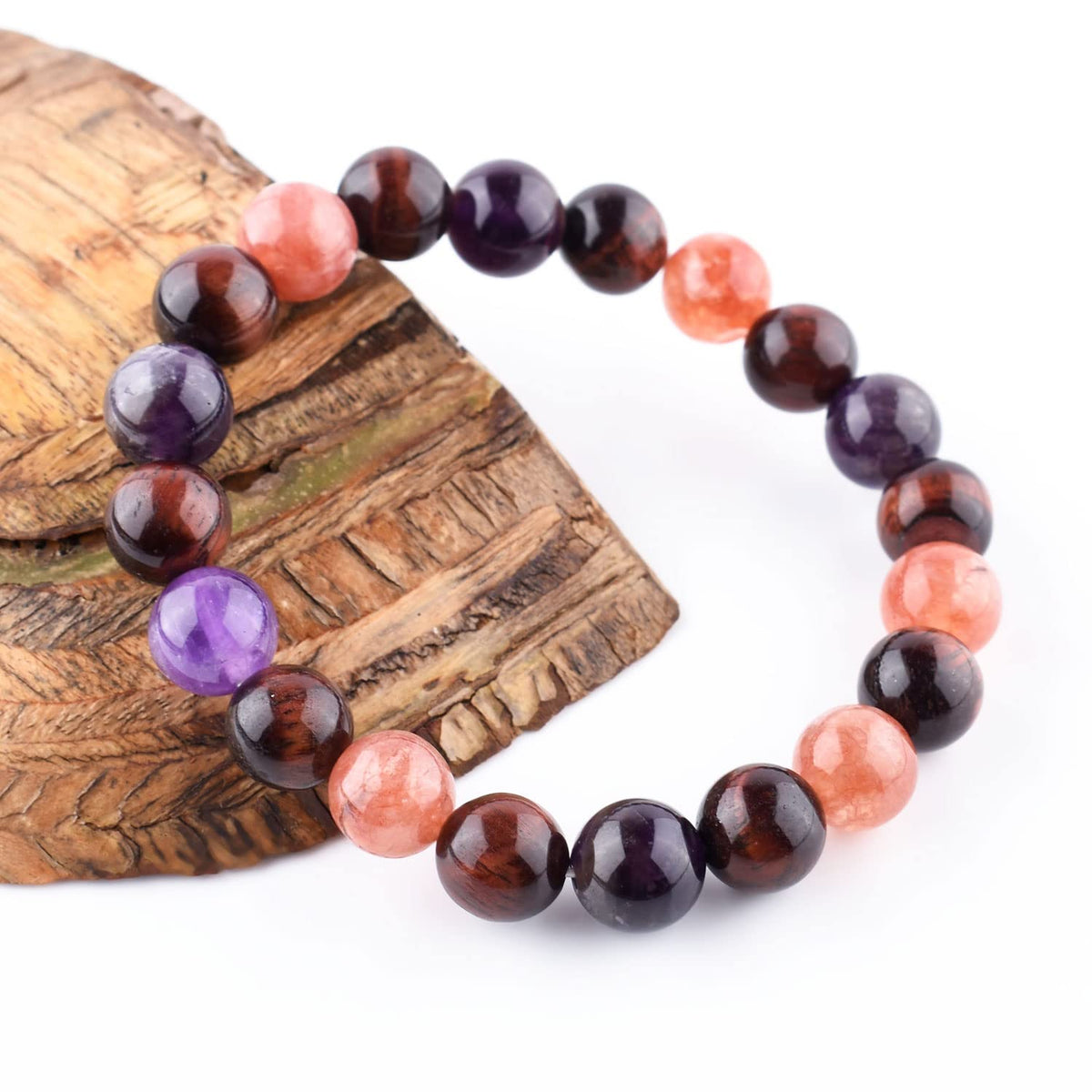 InfinityGemsArt Triple Stone Ultimate Bracelet Unisex Stretchable Natural Gemstone Beads Men-Women Jewelry, Birthstone Healing Chakra, Yoga Balancing Reiki (Sunstone+Amethyst+Tiger Eye)