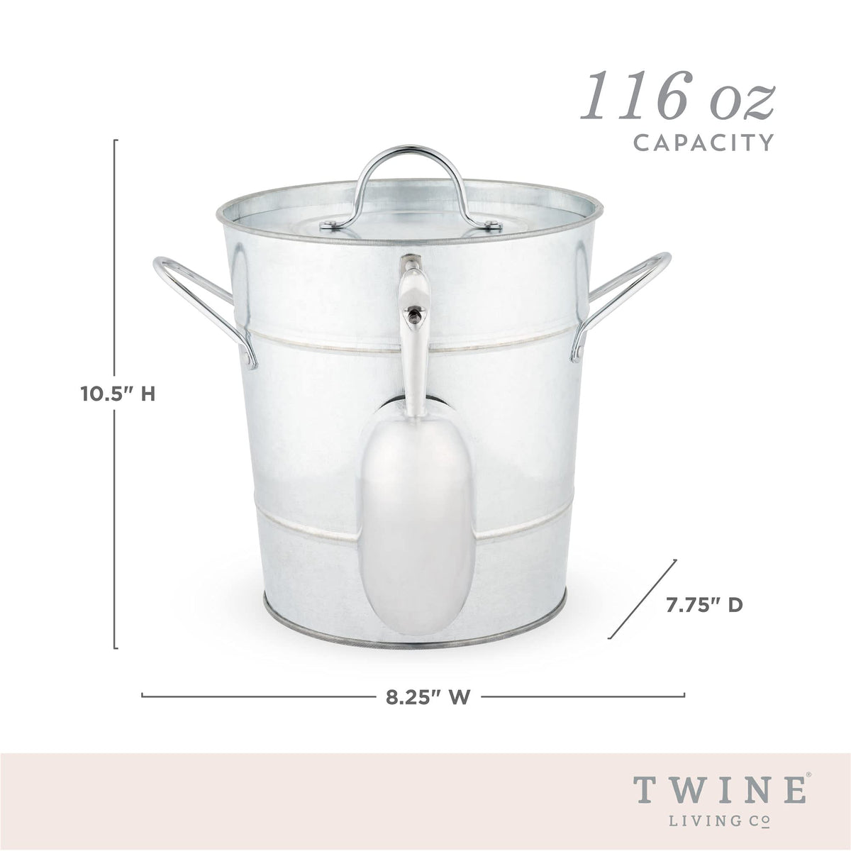 Twine Insulated Ice Bucket with Lid, Scoop & Handles for Beer, Wine, Champagne, Beverages, 1 Gal Galvanized Metal Bucket, Steel Ice Container for BBQs, Indoor & Outdoor Party Supplies, Bar Accessories