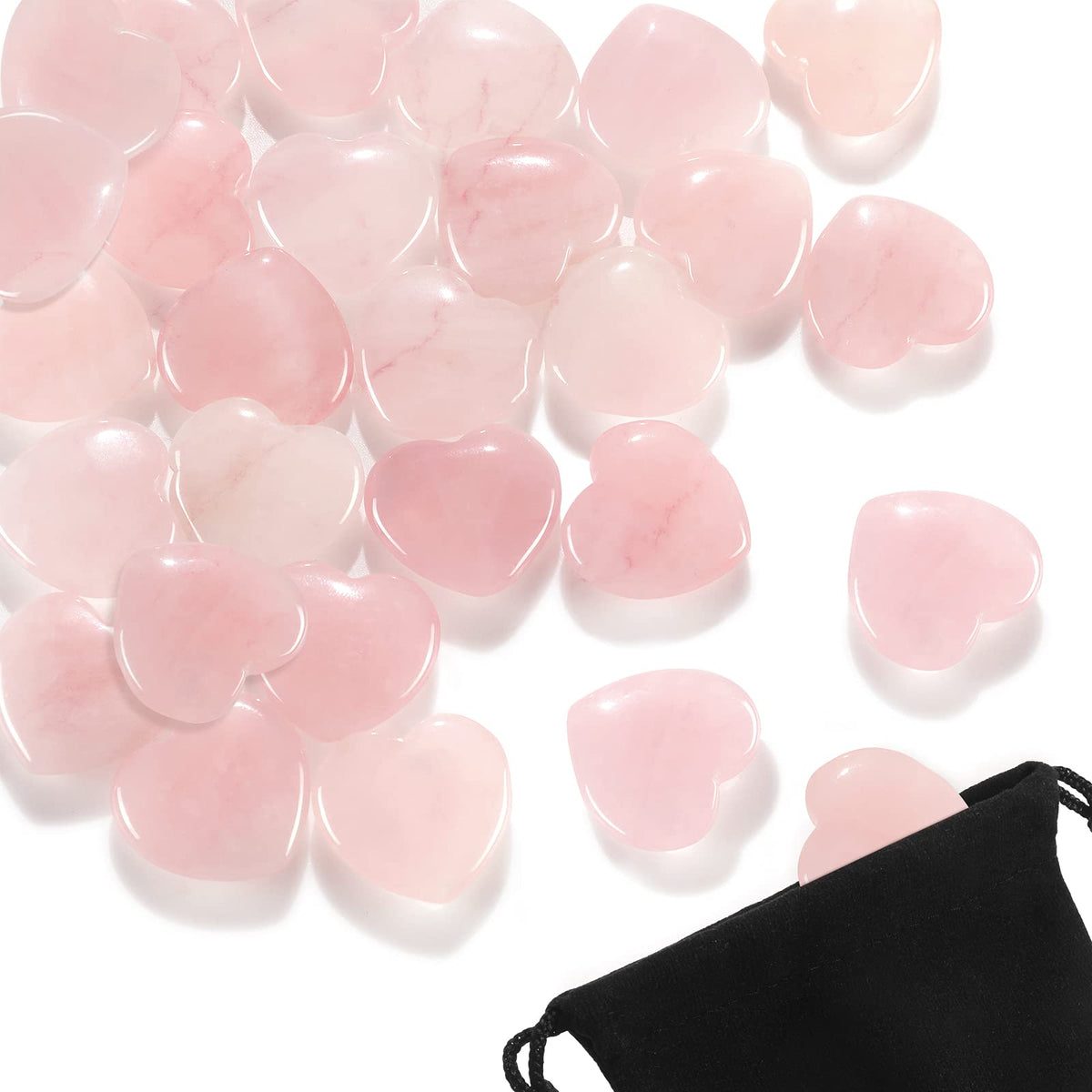 Patelai 24 Pcs Rose Quartz Heart Crystals Pink Heart Shaped Stones Natural Healing Worry Stones Mini Pocket Gemstone with Black Flannelette Bag for Women Mothers Day Anniversary Gifts Reiki Balancing