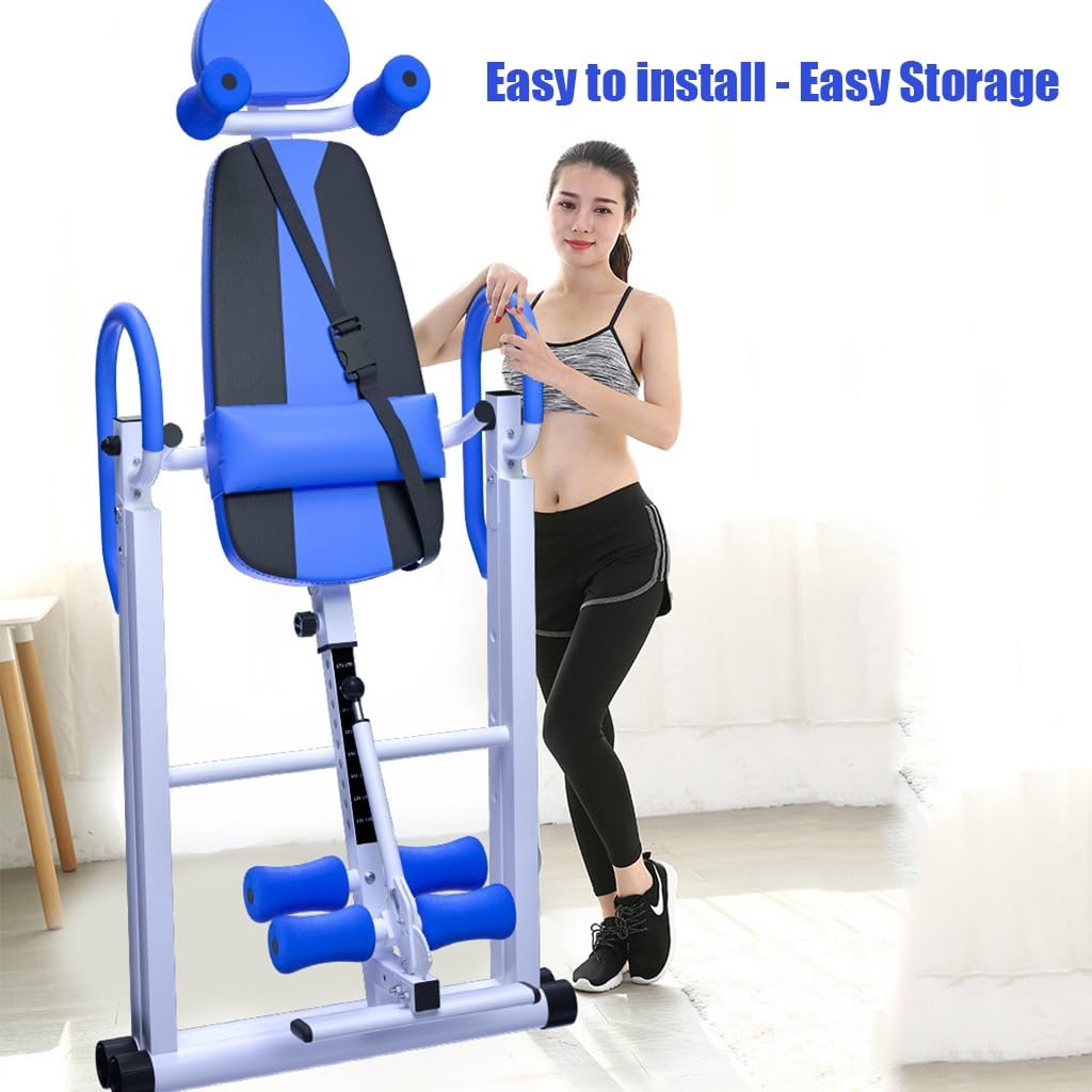 Gravity Heavy Duty Inversion Table with Headrest & Adjustable Protective Belt Back Stretcher Machine for Pain Relief Therapy (Color : Blue)