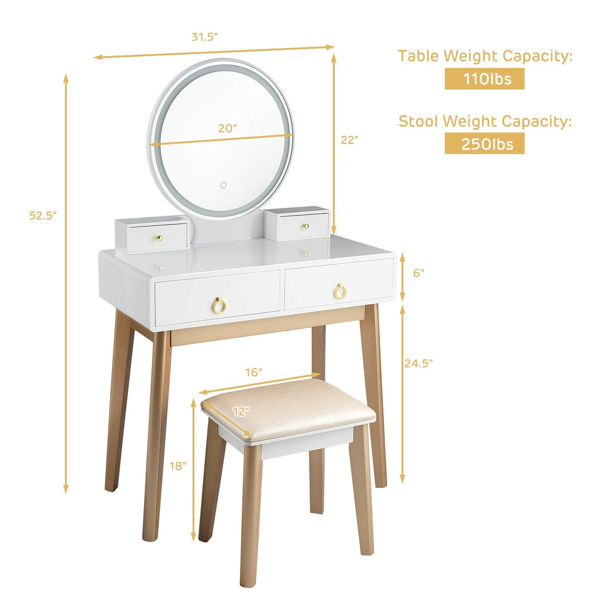 Nightcore Vanity Set, Makeup Vanity w/Round Lighted Mirror, Vanity Desk w/Cushioned Stool, 4 Drawers Modern Home Dressing Table for Girls & Women, White