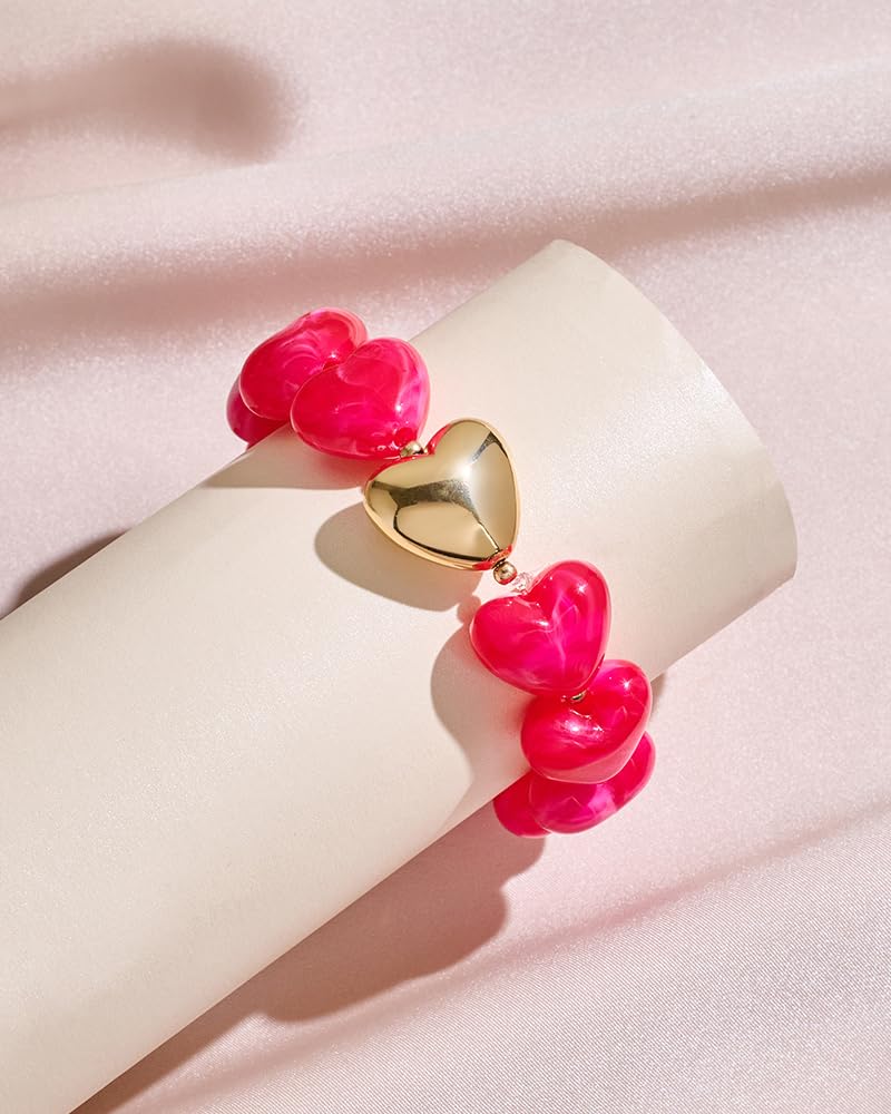 FAUTHENTICUTE Hot Pink Bead Strand Bracelet for Women Boho Fuchsia Red Beaded Statement Bracelet With A Puffy Heart Charm Chunky Stretch Bracelets For Summer Vacation Beach Jewelry Gift
