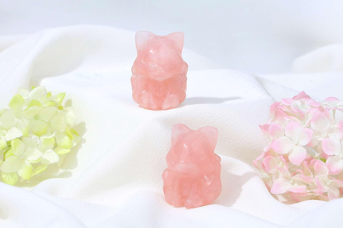 LAIDANLA 2" Rose Quartz Fox Figurine Healing Crystals Pink Fox Statue Hand Carved Natural Gemstone Polished Reiki Spiritual Pocket Animal Sculpture Home Office Room Desk Decor