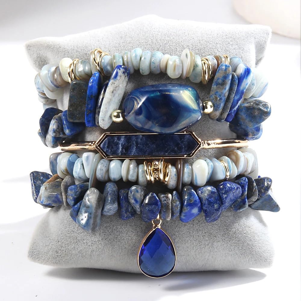 Yomisa 5PCS Natural Boho Beaded Bracelets Bangle for Women Men,Healing Turquoise Tiger eyes Agate Crystal Gemstone Stone Diamond Chakra Multi Wrap Bohemian Handmade Jewelry Beads Stretch Bracelet Set