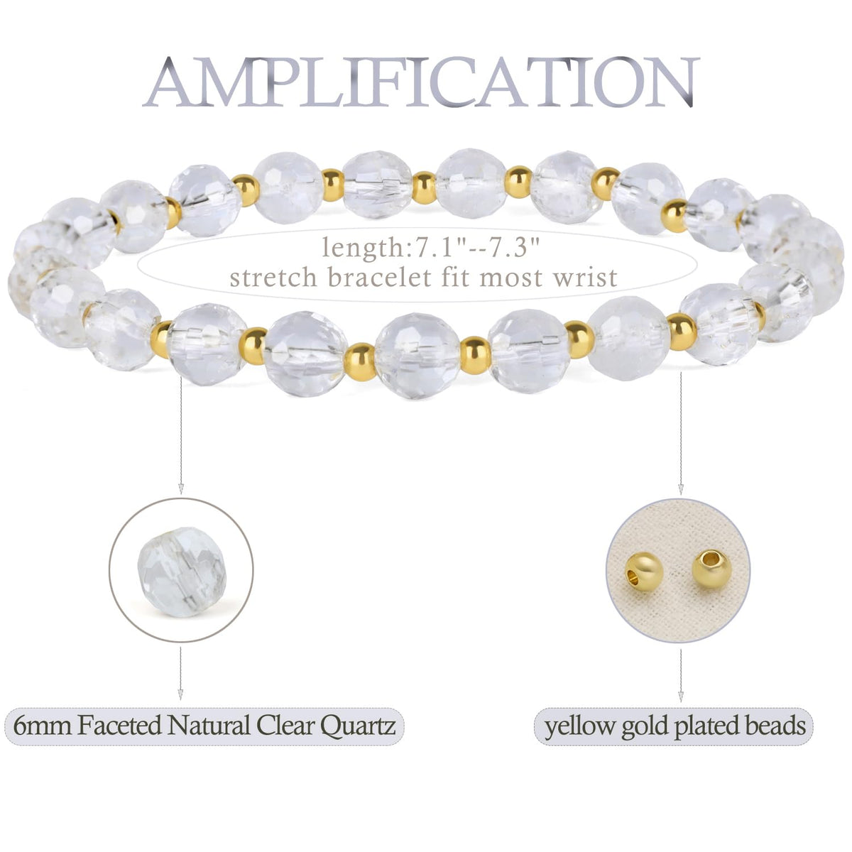QOGIR Clear Quartz - Amplification - 14K Gold Plated Beads Natural Gemstone Stretch Elastic Dainty Healing Beaded Bracelets Gifts 6mm