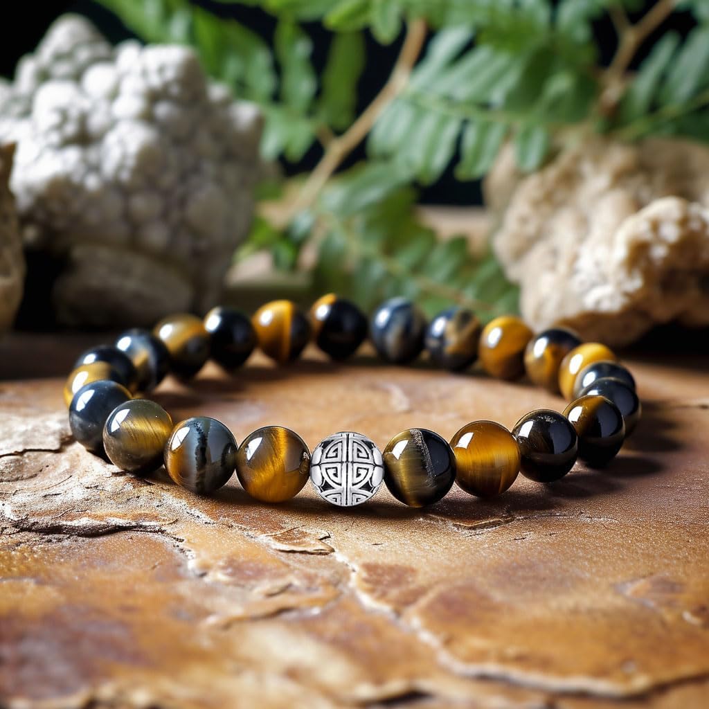 MetJakt Healing Crystals Beaded Bracelets for Womens Natural Gemstone 8mm Beads Stretch Bracelets with 925 Sterling Silver Double Happiness Pendant (Fantastic Tiger Eye Stone)