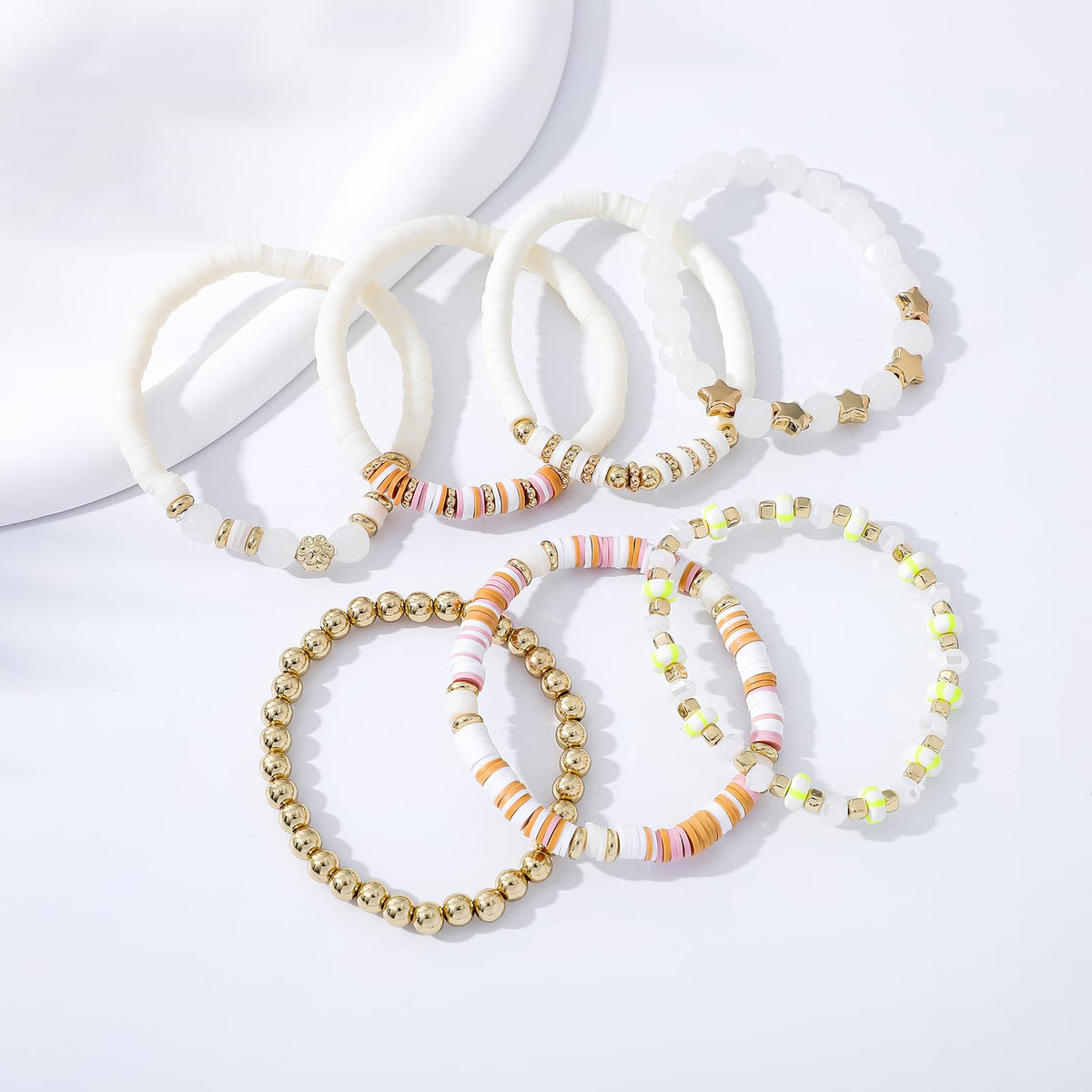 GOOJIDS Surfer Heishi Clay Bead Bracelets for Women Bohemian Stackable Gold Plated Beaded Stretch Bracelets Elastic Layering Friendship Bracelets Set Boho Jewelry