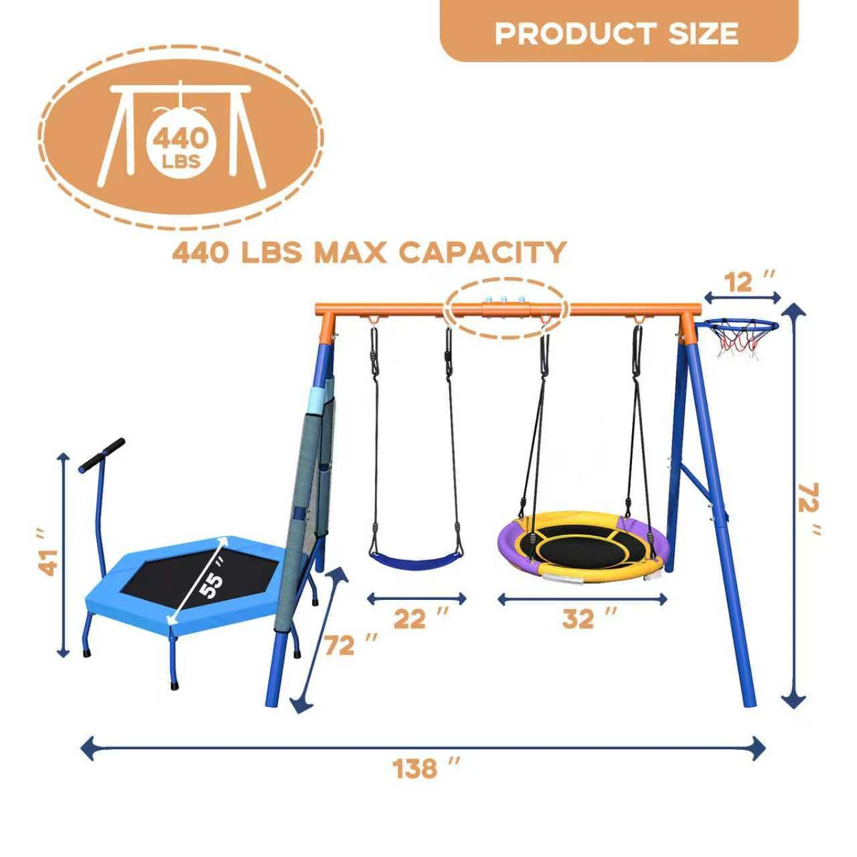 5-in-1 Kids Swing Sets for Backyard with Trampoline, 880lbs Heavy-Duty A-Frame Stand Metal Outdoor with 32 inch Saucer & Belt Swing, 55 inch Trampoline, Basketball Hoop, Led Light & Anchors