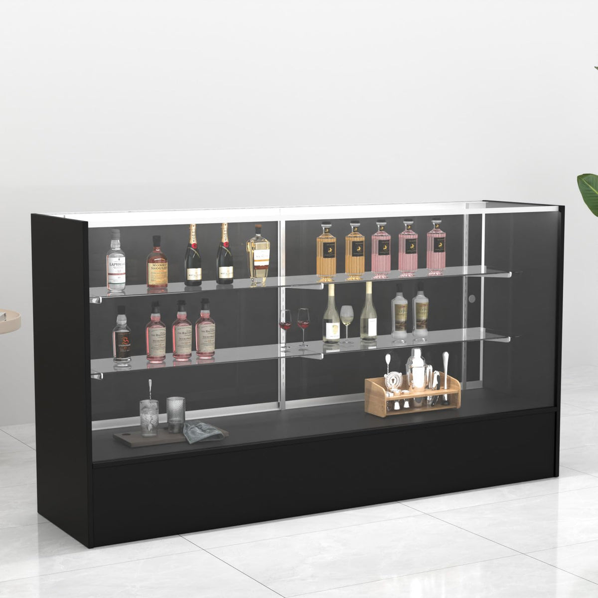 HUZJIEHUI 36" W x 18" D x 38" H - Retail Display Cabinet, Black Wooden Full View Glass Display Cabinet with LED Lights and Glass Shelves