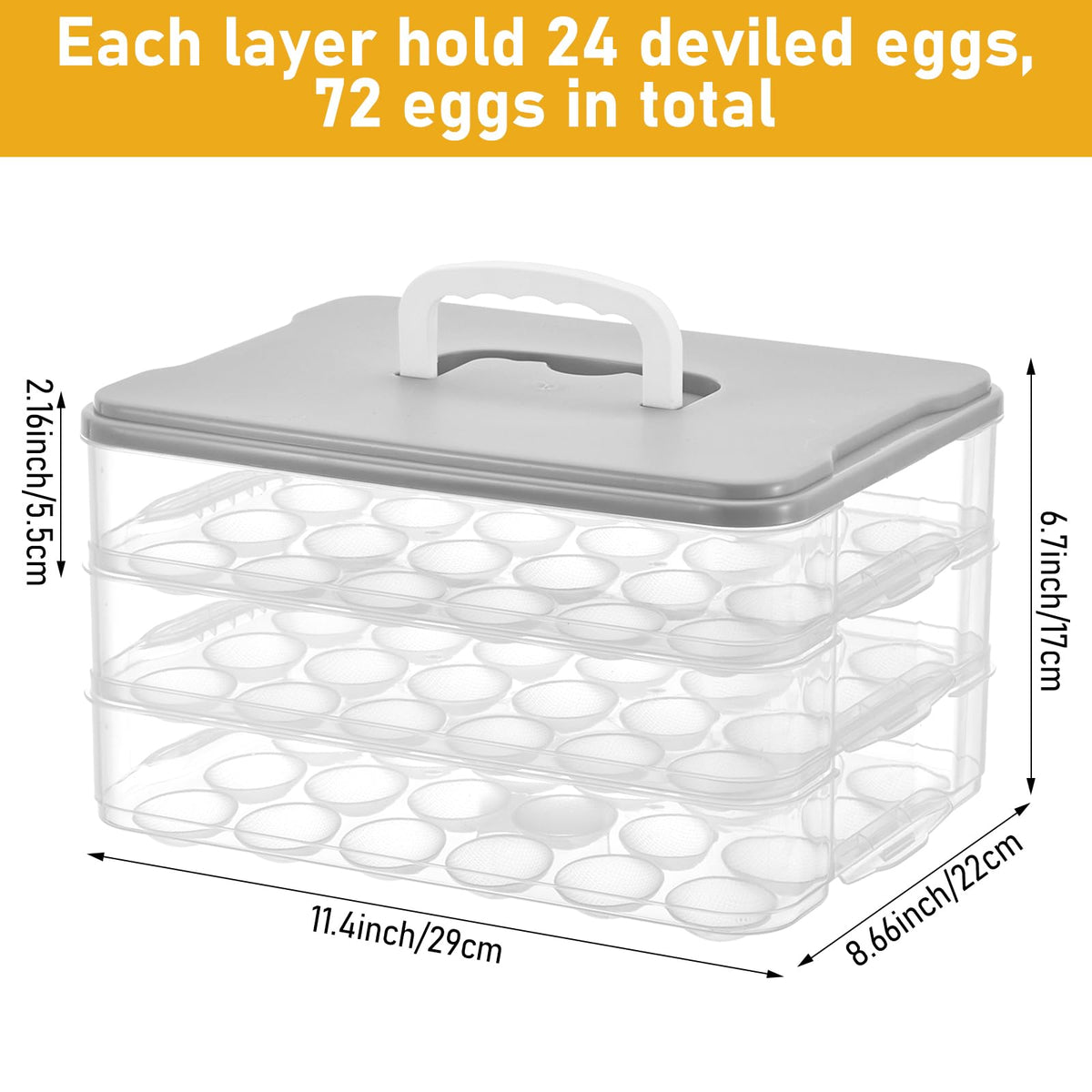 BOUTICOL 3-Layer Deviled Egg Container with Lid and Handle, Clear Plastic Deviled Egg Carrier Storage 72 Eggs, Portable Stackable Eggs Holder Platter for Easter, Thanksgiving Day, Party, Picnic