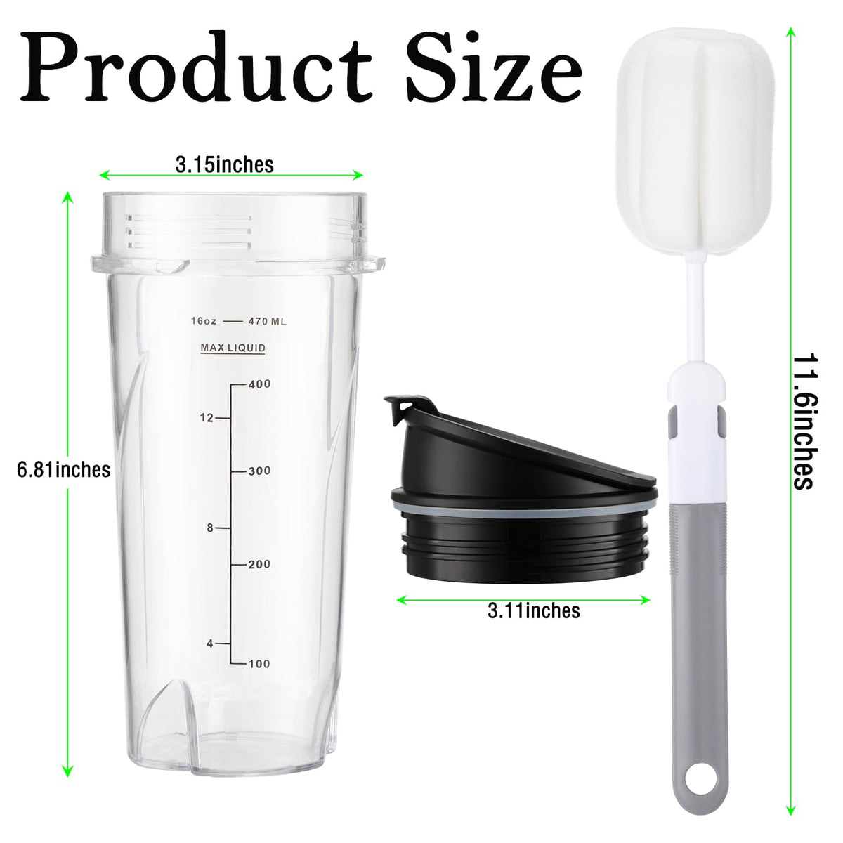 Sonkettek For Ninja Blender Cups 16oz Replacement Parts for Ninja QB3001SS BL770 BL780 BL660 BL740 BL810 QB3000SS, 2 Pack Nutri Ninja Series Blenders 16oz cups with Sip & Seal Lids