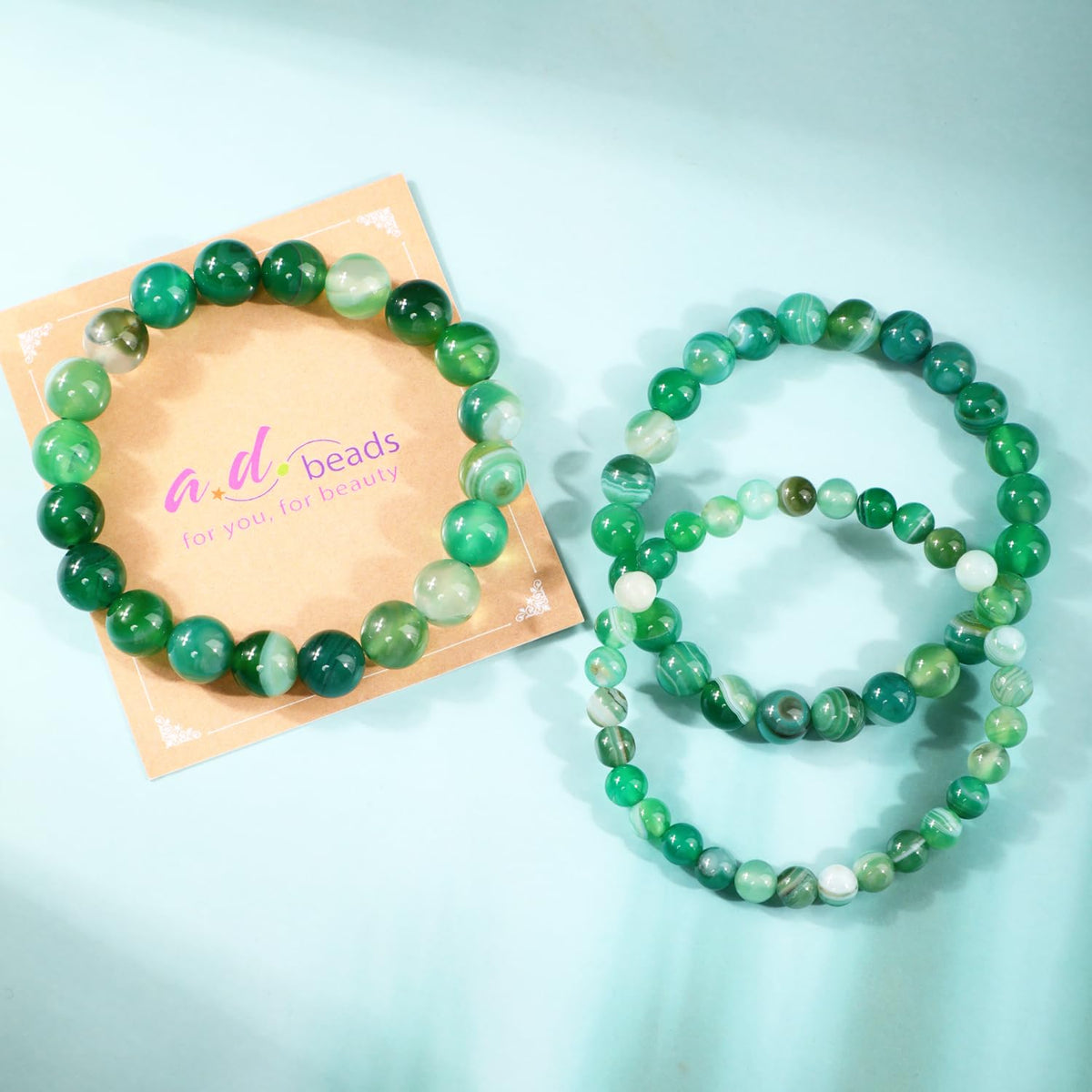 AD Beads 10mm Handmade Green Stripe Agate Elastic Bracelet – Natural Gemstone for Calm energy – Meditation, Yoga, Healing and Energy Gift for Men Women