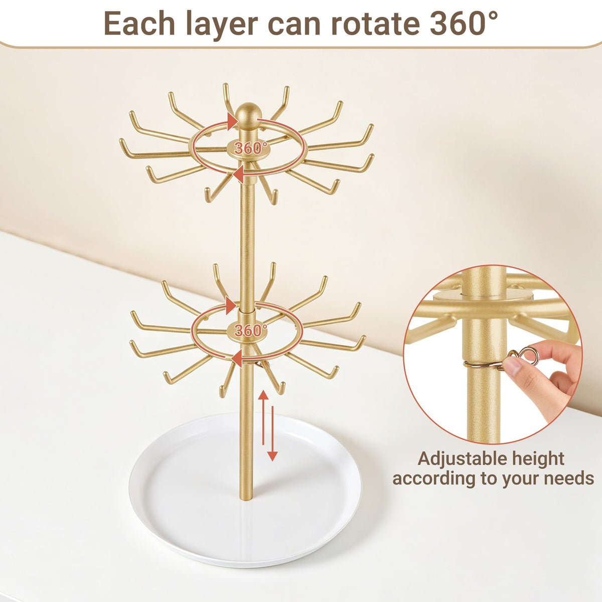 Mkono Bracelet Holder Gold Metal Rotating Bracelet Display Stand 2 Tier Jewelry Organizer with 24 Hooks and Wood Tray Adjustable Tree Stand Tower Rack for Storage Selling KeyChain Bangle Accessories