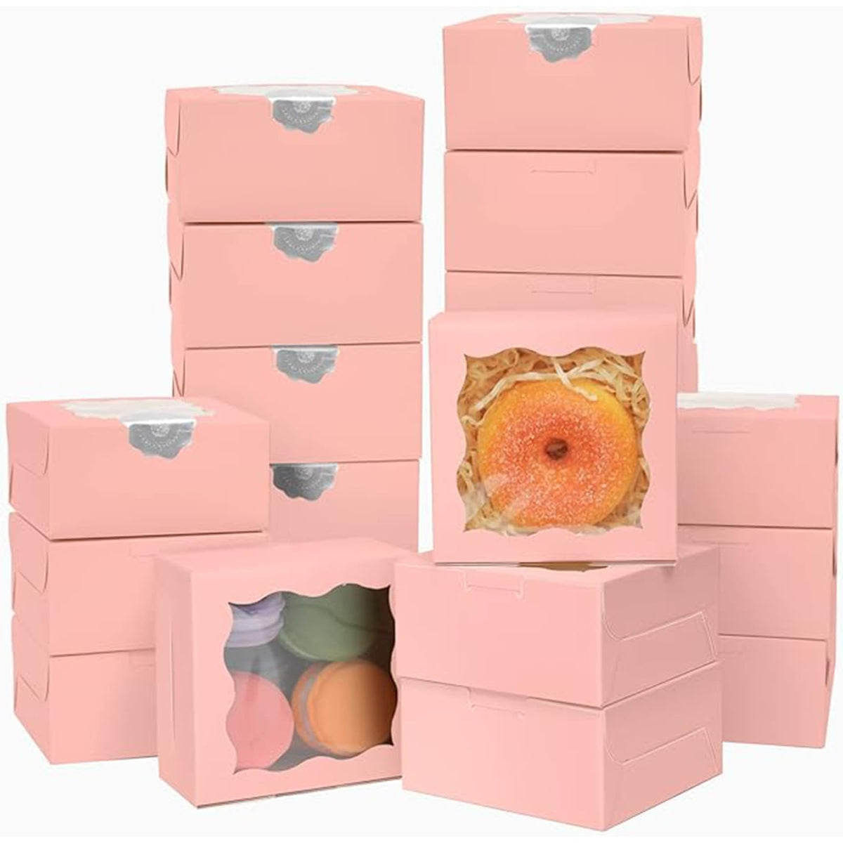 Bakepacker Pink Bakery Boxes with Window 4x4x2.5 inches Small Size Pastry Boxes Mini Cookie Boxes for Bakerys Thick & Sturdy （100 Packs）