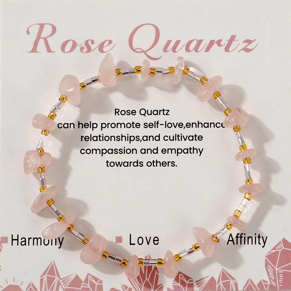 SHINUS BOHO Healing Natural Crystal Beaded Stretch Bracelet for Women,Handmade Boho Irregular Rose Quartz Energy Stones Harmony Love Bracelet Summer Beach Fashion Jewelry Gift Friendship