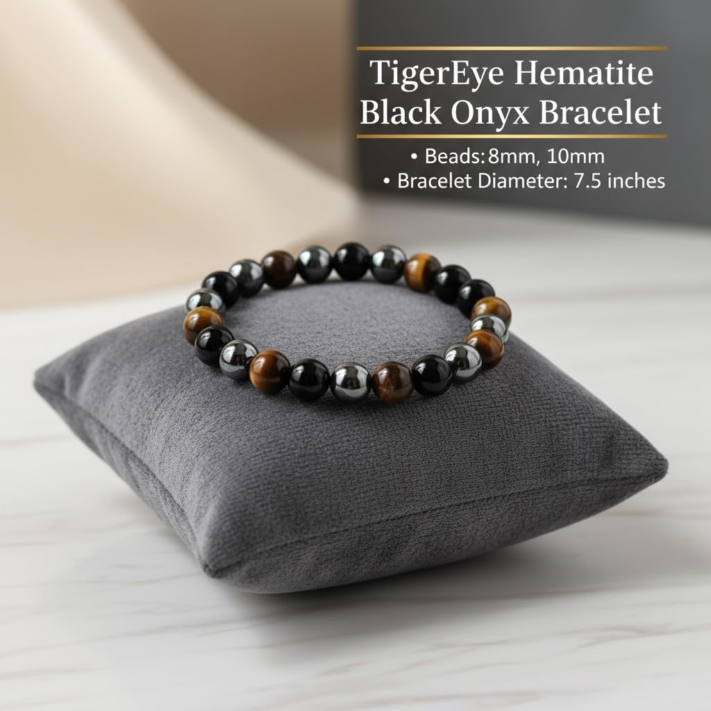 The Vida Handmade AAA+ Quality Crystal Stretch Elastic Bracelet - Nature Gemstone - Jewelry Gift - Holiday Gift - For Women & Men (Tigereye Hermatite BlackOnyx)