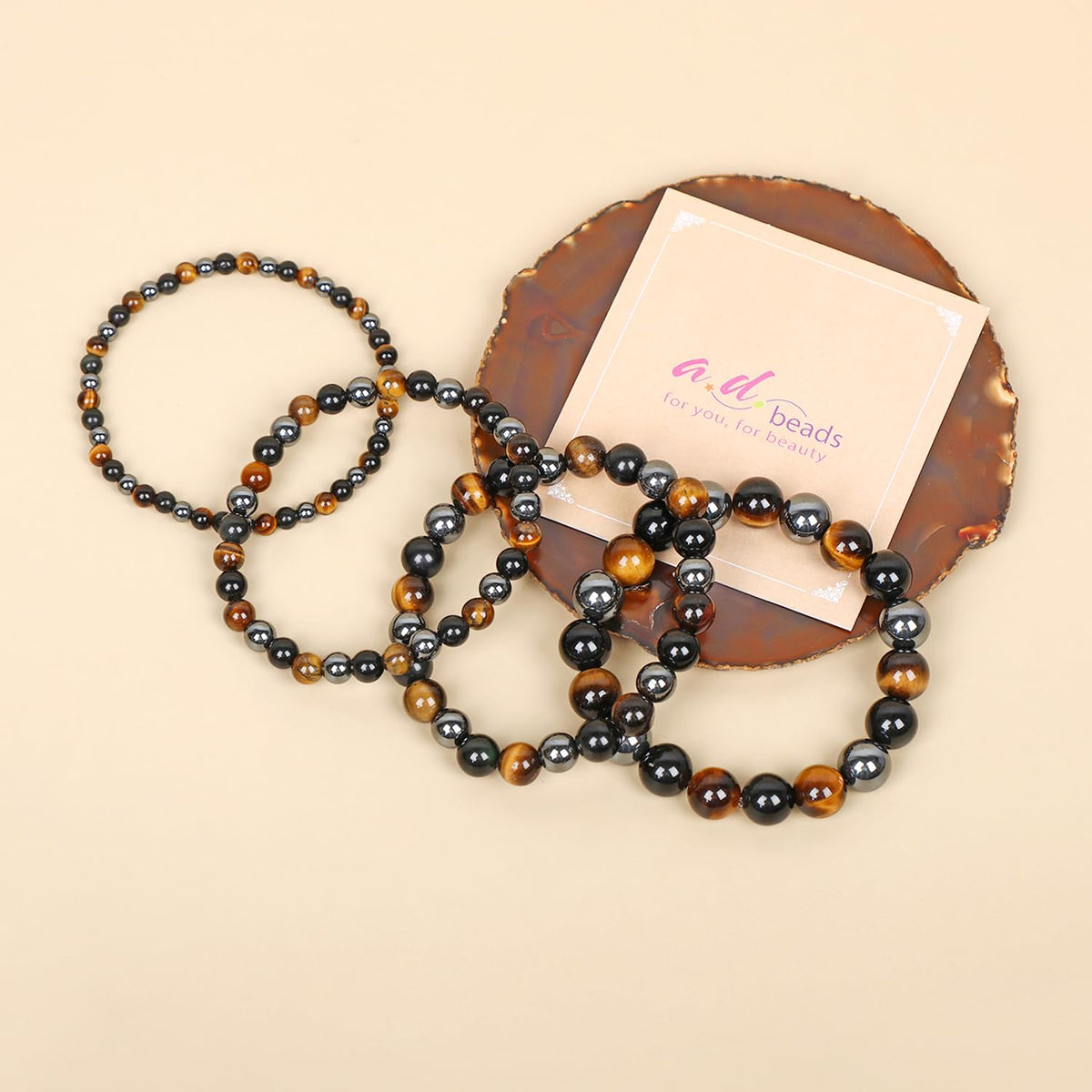 AD Beads Handmade Gemstone Stretch Elastic Bracelet Crystal Healing Reiki Nature's Beauty and Spiritual Essence Unisex (6mm, Triple Protection (Strong Protect))