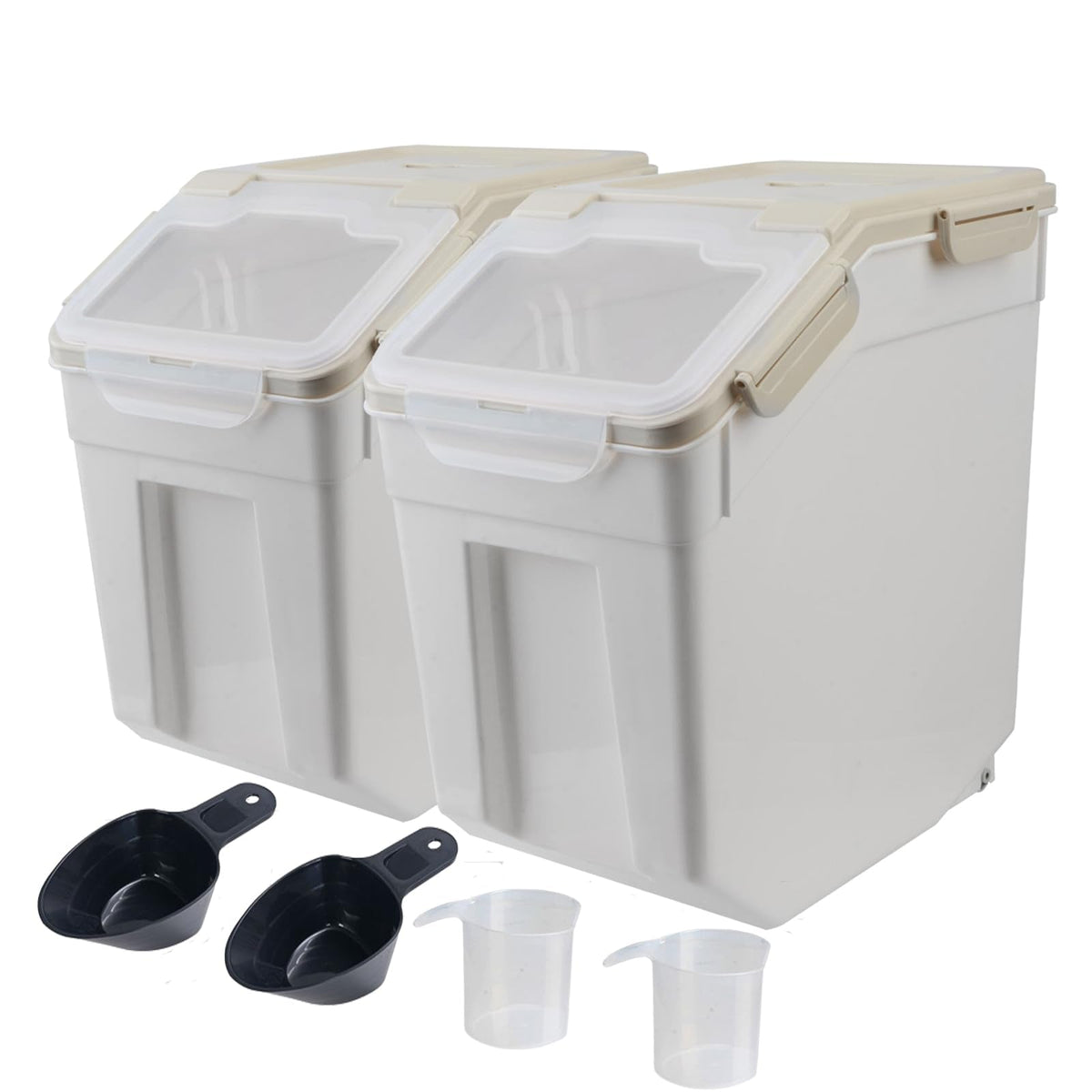 Qiveno Large Flour Storage Container Bin 25lb, 2Pack Airtight Rice Storage Containers with Wheels Seal Locking Lid, BPA Free with Measuring Cup&Scoop for Flour, Rice, Grain(Gray)