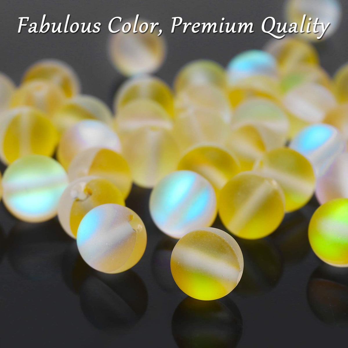 Matte Yellow Aurora Crystal Glass Beads, 8MM Frosted Glitter Shining Mermaid Round Loose Beads, Rainbow Holographic Synthetic Moonstone for Jewelry Making DIY Bracelet