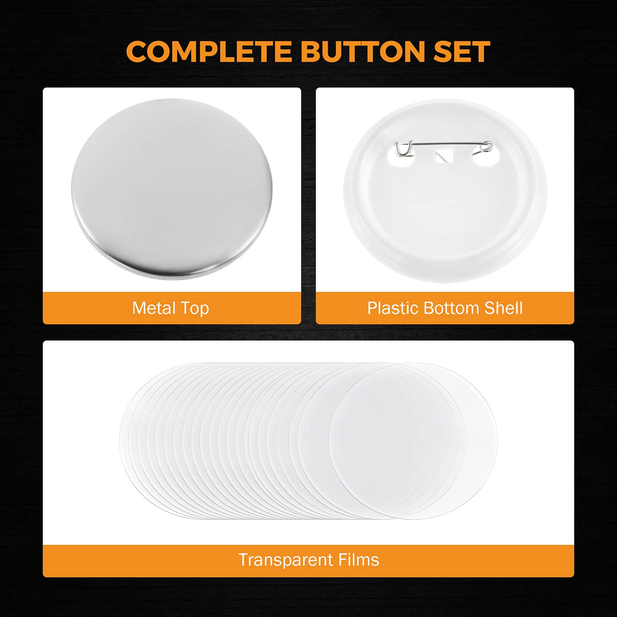 BEAMNOVA 500 Sets 44mm / 1.73 in (Approx. 1-3/4 inch) Button Maker Supplies Blanks for Round Pin Making Machine, Plastic Back, Hand Press Badge Making Refills