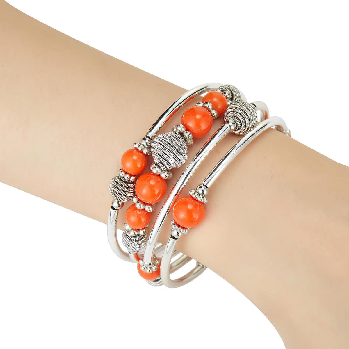 PEARL&CLUB Beaded Chakra Bangle Turquoise Bracelet - Fashion Jewelry Wrap Bracelet with Thick Silver Metal and Mala Beads, Birthday Gifts For Women(Orange)