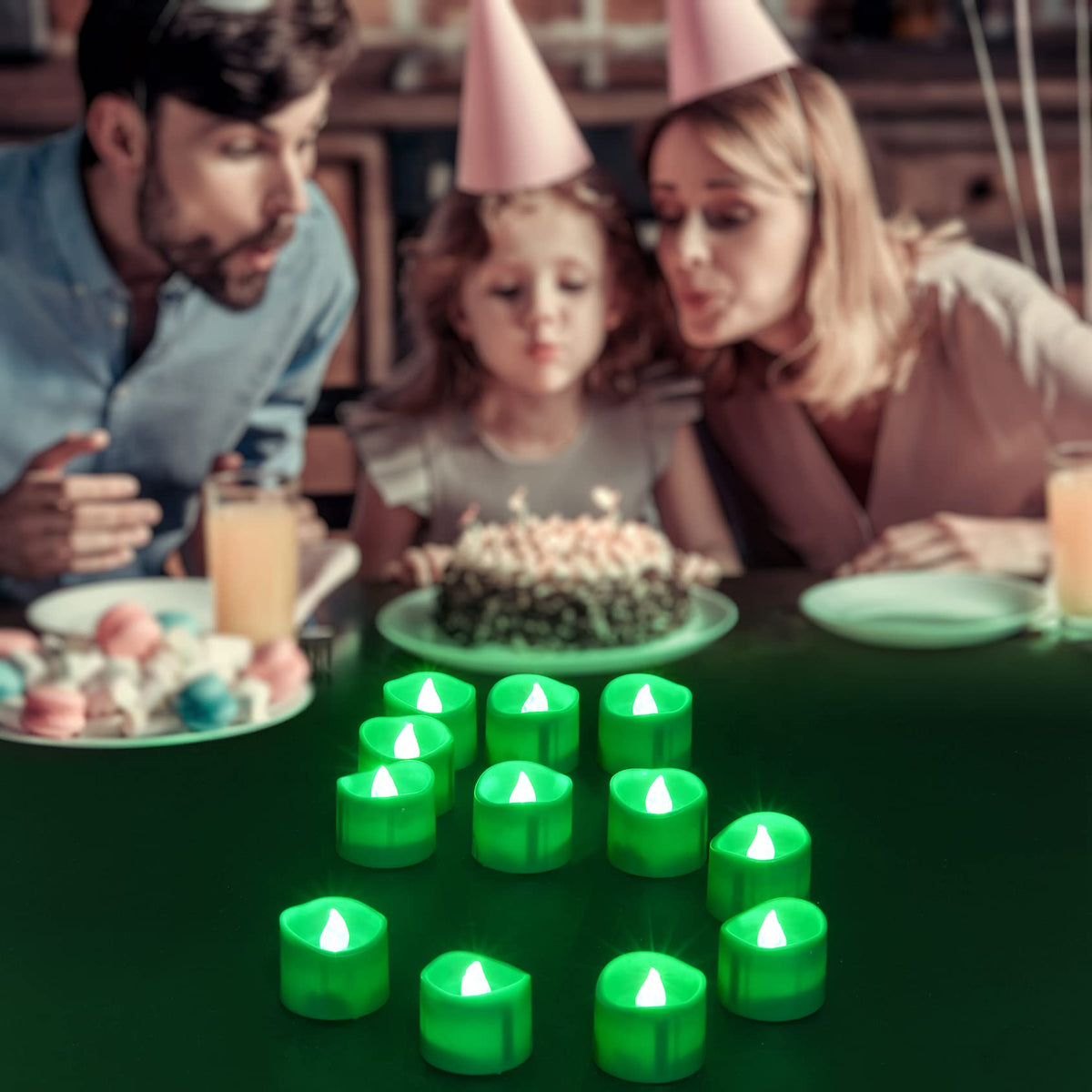 PChero 12pcs Green LED Tea Lights with Timer, Flickering Flameless Tealights Battery Operated Long Lasting Fake Candles for Wedding, Party, Christmas, Halloween and Festival Celebration