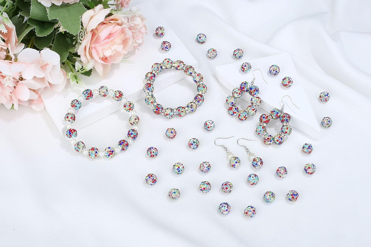 LAIDANLA 120pcs 10mm White Mixed Rhinestone Beads Baseball Beads for Crafting, Shiny Round Shamballa Disco Beads, Sparkle Crystal Clay Bead Bulk for Bracelet Necklace Making