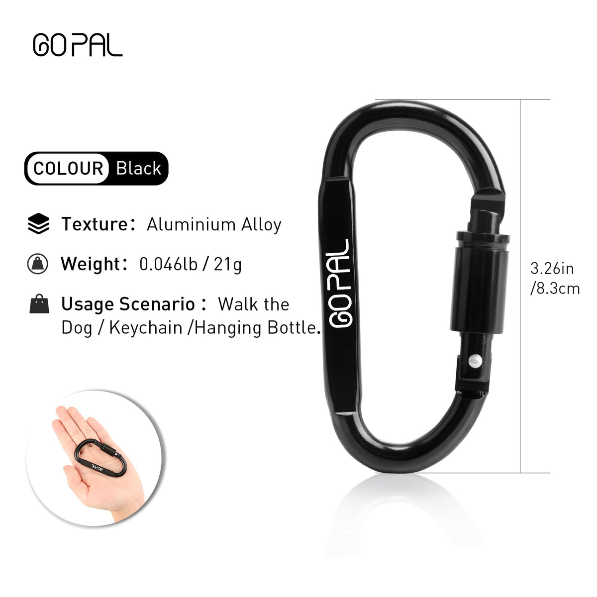 Locking Carabiner Clip：3.15" Large Carabiners Clips - 280lbs Heavy Duty Black Caribiner for Keys, Water Bottle, Backpack, Dog Leash, Travel, Aluminum Carbineers Keychain D Ring Hook 6PCS