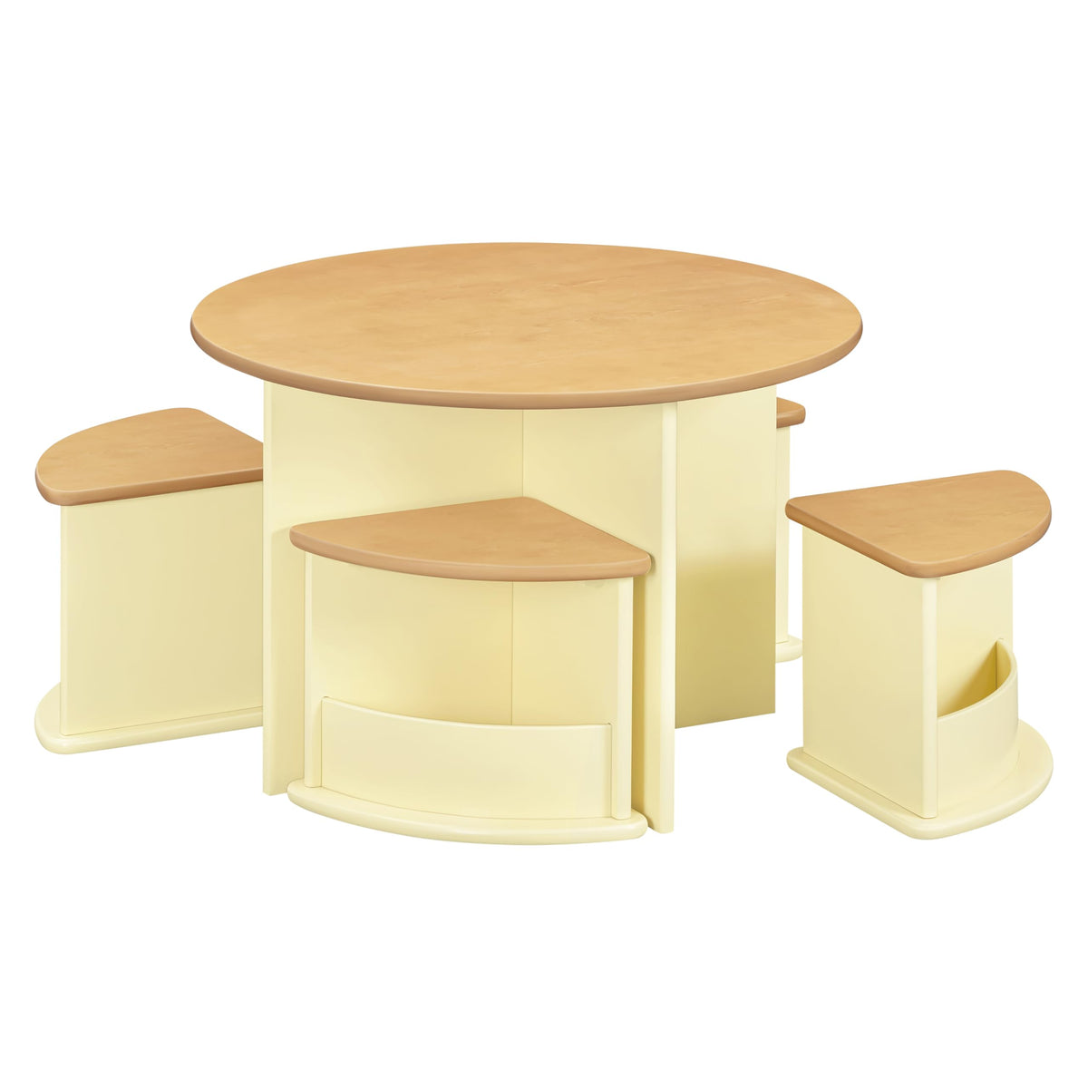 Babyletto Nessa Nesting Play Table - Kids Table and Chair Set w/ 4 Storage Stools - GREENGUARD Certified Round Wooden Toddler Playroom Set for Reading, Art, Play in Nursery/Home - Pale Yellow/Honey