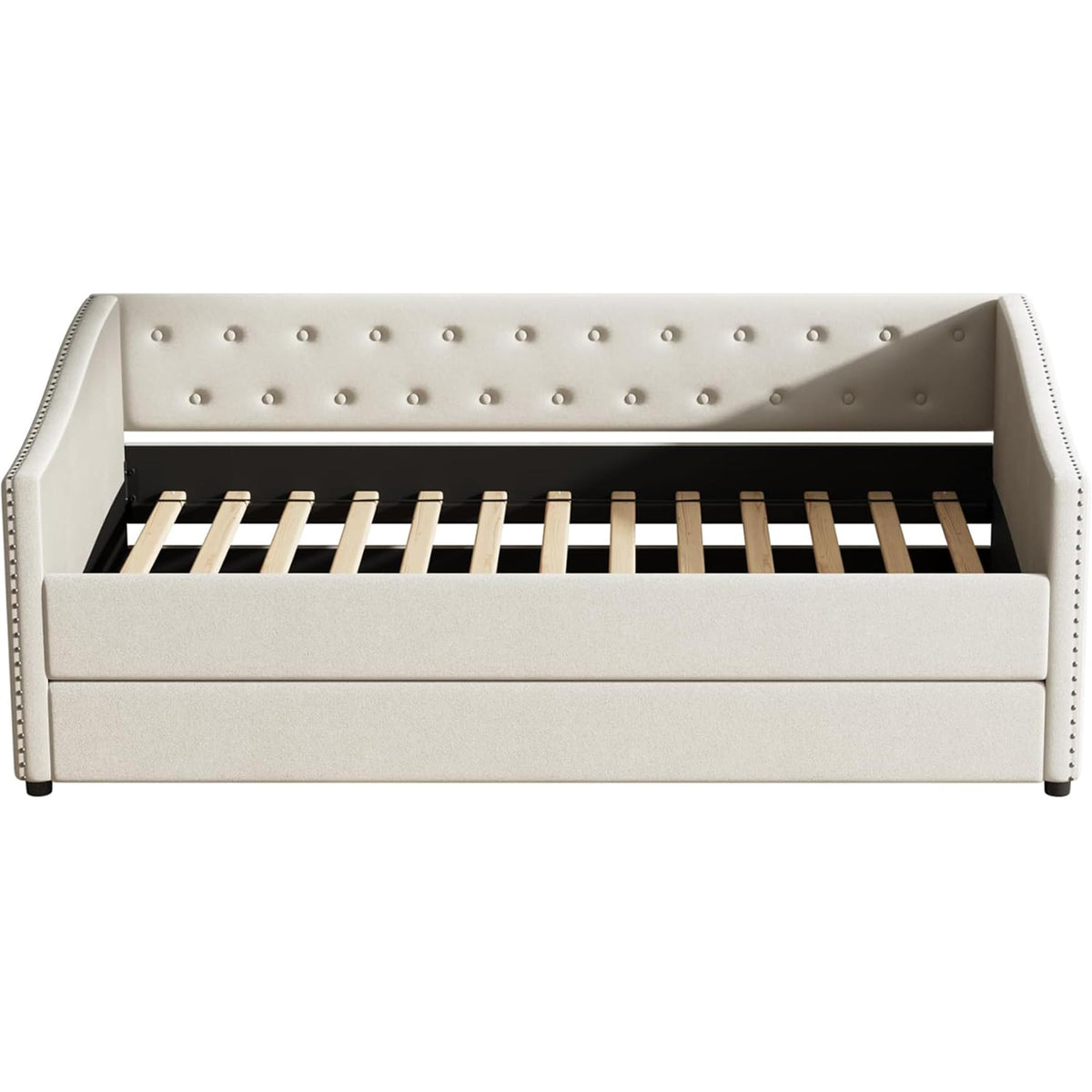 FAVSH Upholstered Daybed with Trundle, Twin Size Day Bed w/Button-Tufted Back and Piping on Waved-Shape Arms for Bedroom or Guest Room, No Box Spring Required,Beige