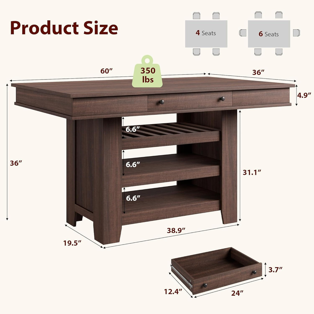 GarveeHome Tall Bar Height Dining Table for Kitchen & Bar, Seats 4-6, Heavy Duty Wood Counter Table with Thick Large Top, Deepened Wine Rack, 2 Drawers & 3 Shelves, for Kitchen, Bar, Rustic Brown