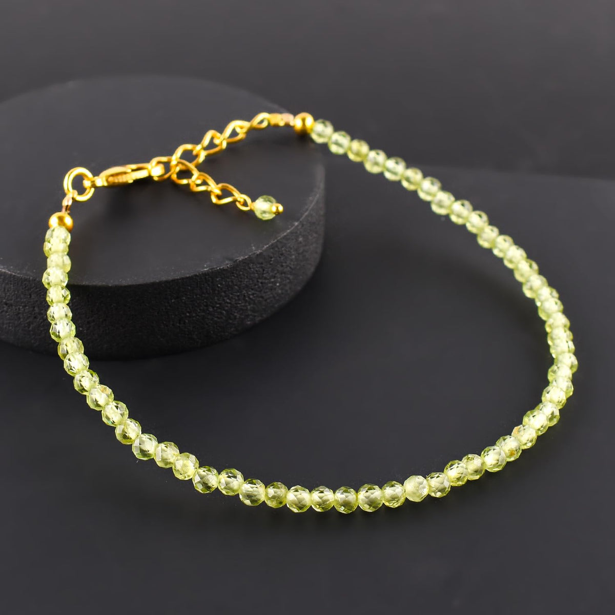 Natural Green Peridot Gemstone Micro Beads Dainty Bracelet Jewelry for Women, August Birthstone, Chakra Energy Crystals, 14k Gold Plated Chain 8 inch Adjustable