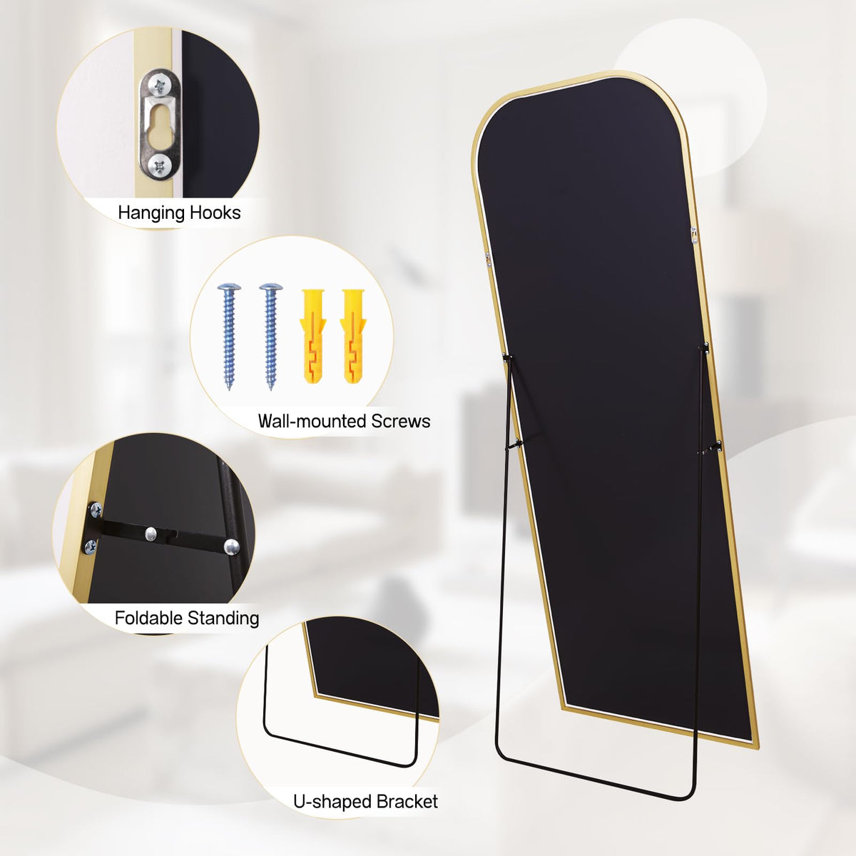 Anpark Oversized Floor Mirror - 71"x30" Arched Freestanding Full Body Mirror with Stand, Hanging or Wall Mounted for Living Room, Bedroom - Gold