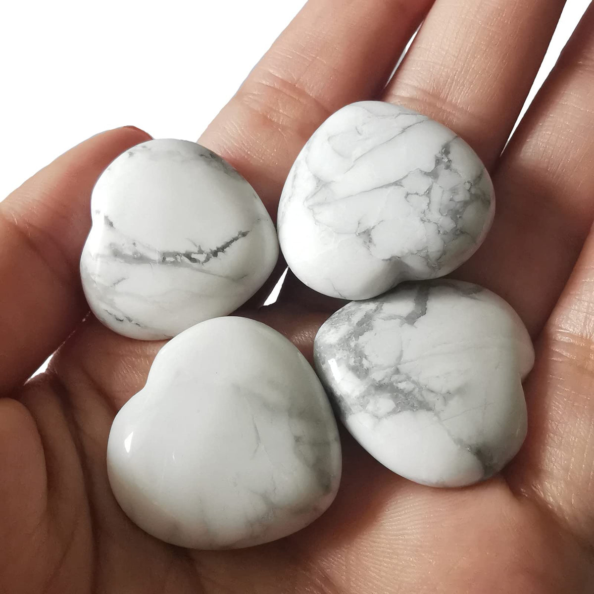 Loveliome 4 Pcs Natural White Howlite Turquoise Love Heart Palm Stone Reiki Balancing Worry Stone(1 Inch)