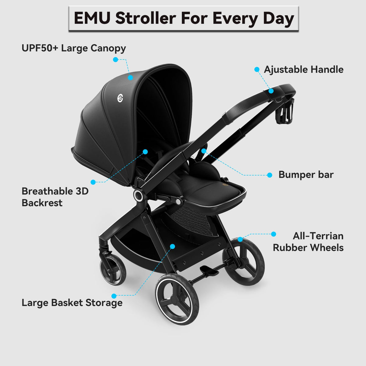 ELITTLE EMU Baby Stroller with Reversible Seat Full-Size Infant Stroller with Full Recline Cockpit Compact Foldable Toddler Carriage for Outdoor City - Black