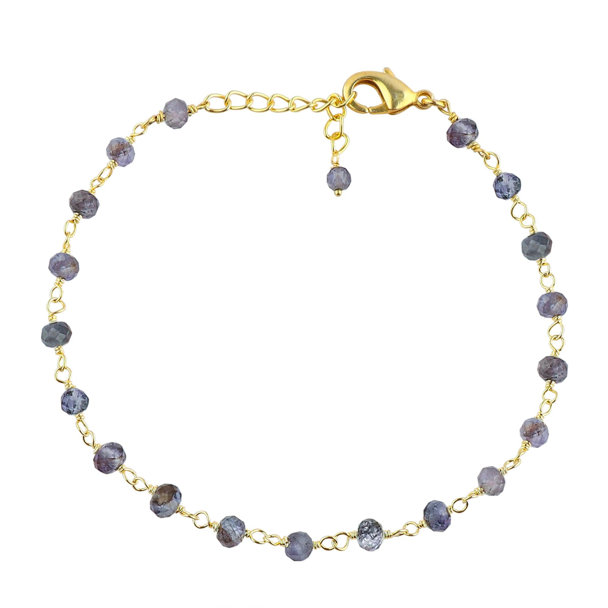 CRYSTALINES Natural Blue Iolite Gemstone Cluster Bracelet, 14K Gold Plated Rosary Chain, Handmade Bohemian Jewelry, Healing Crystals Beads & Stones, Gift for Women (Approx. 7+1inch)
