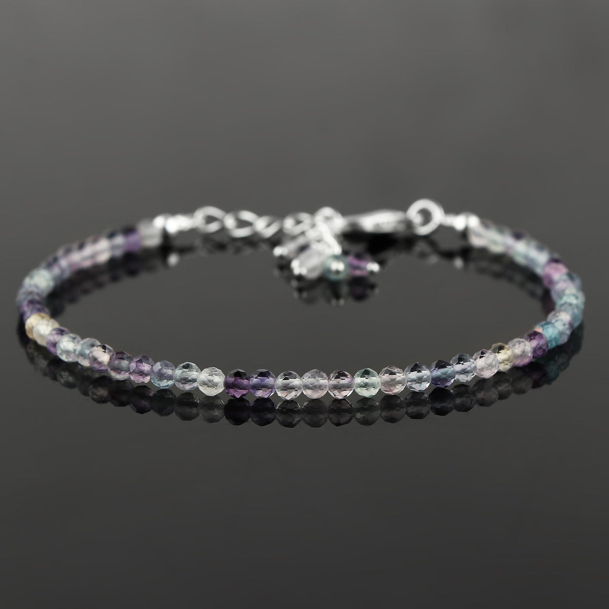 CRYSTALINES Natural Multi Fluorite Gemstones Beads Bracelets, Real Crystals Jewelry, Birthstone, Handmade, Beaded Bracelet, Silver Plated, Adjustable Chain- 7+1inch, Women Bracelet, AAA Grade