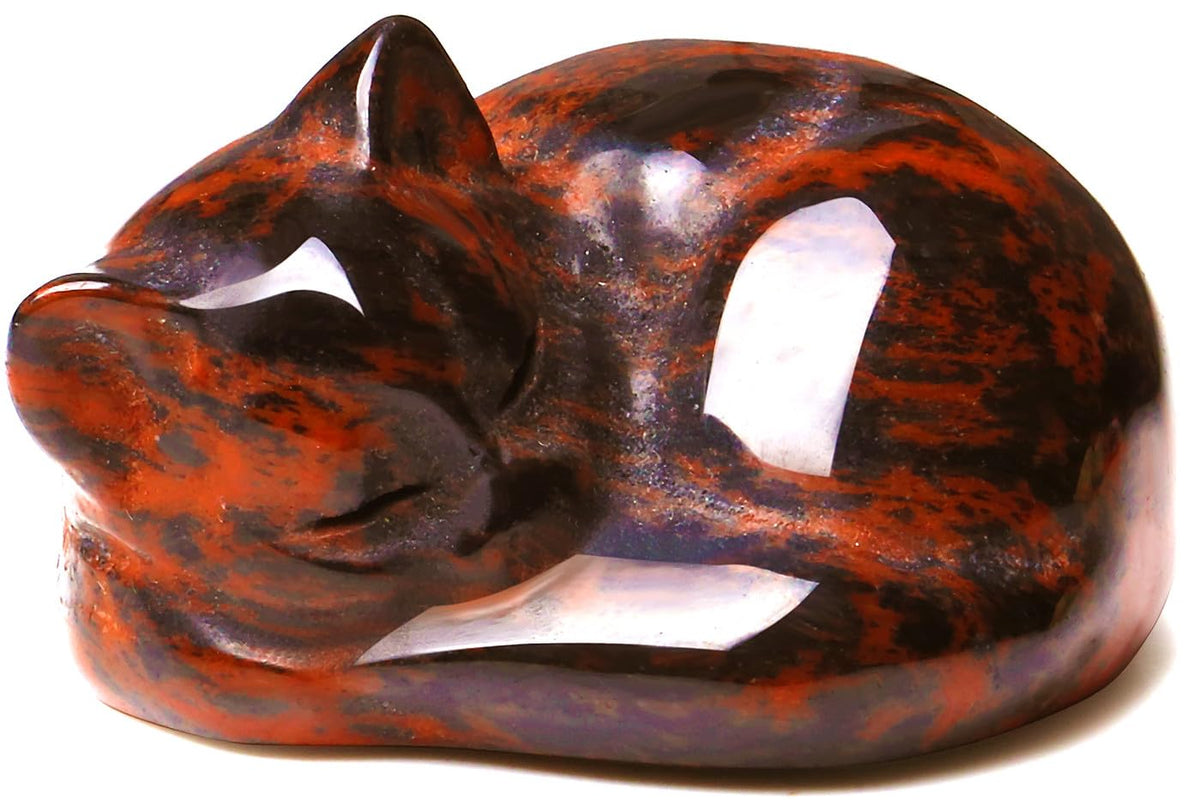 QINJIEJIE Red Obsidian Cat Crystals Decor Sleeping Cat Statue Healing Stone Decor Pocket Polished Gemstones Figurine Office Room Home Desk Decors Cute Gem Gifts for Women Men Stocking Stuffers