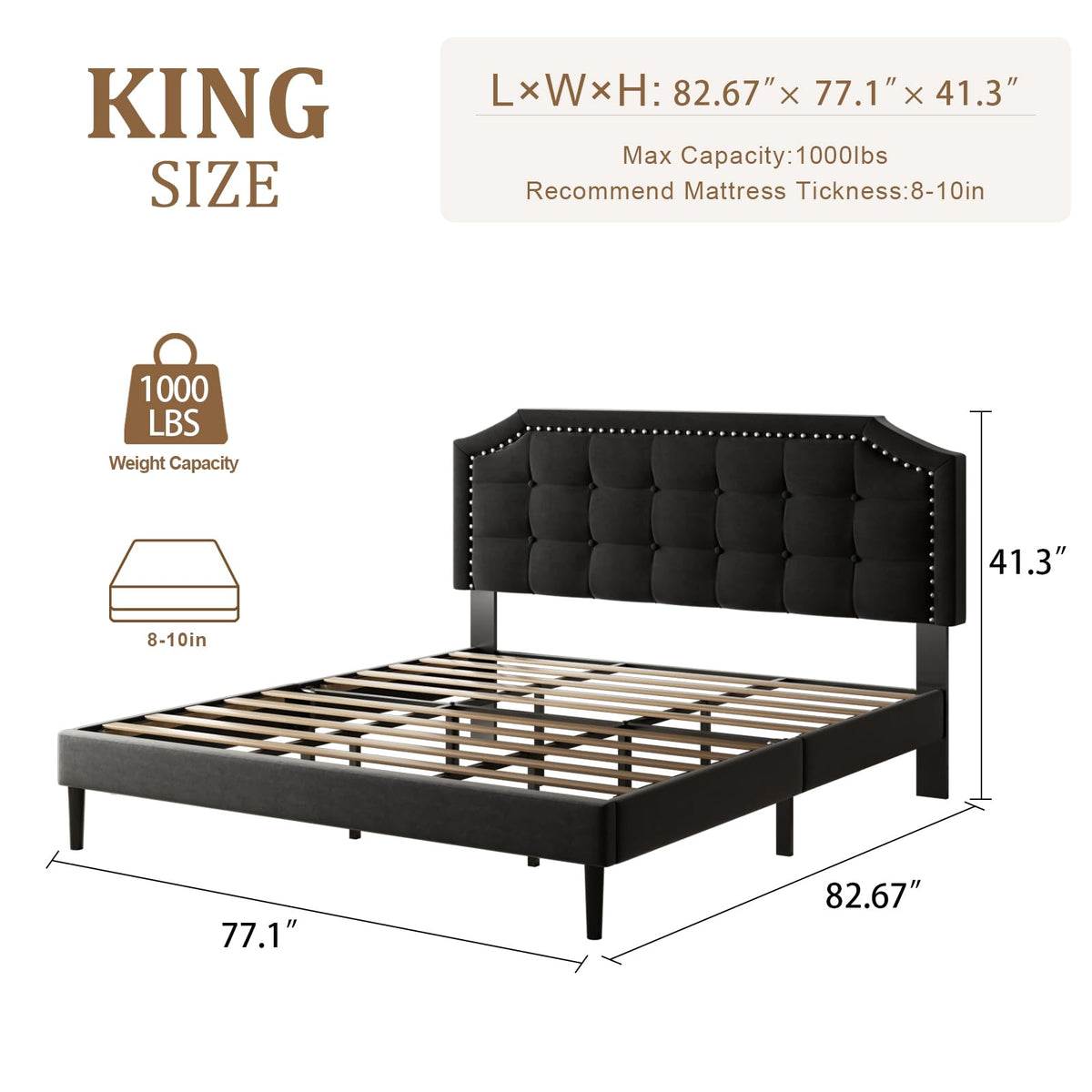 HAOARA King Size Bed Frame, King Size Platform Bed Frame with Upholstered Button Tufted Headboard, Strong Wood Slats, No Box Spring Needed, Mattress Foundation, Easy Assembly Black