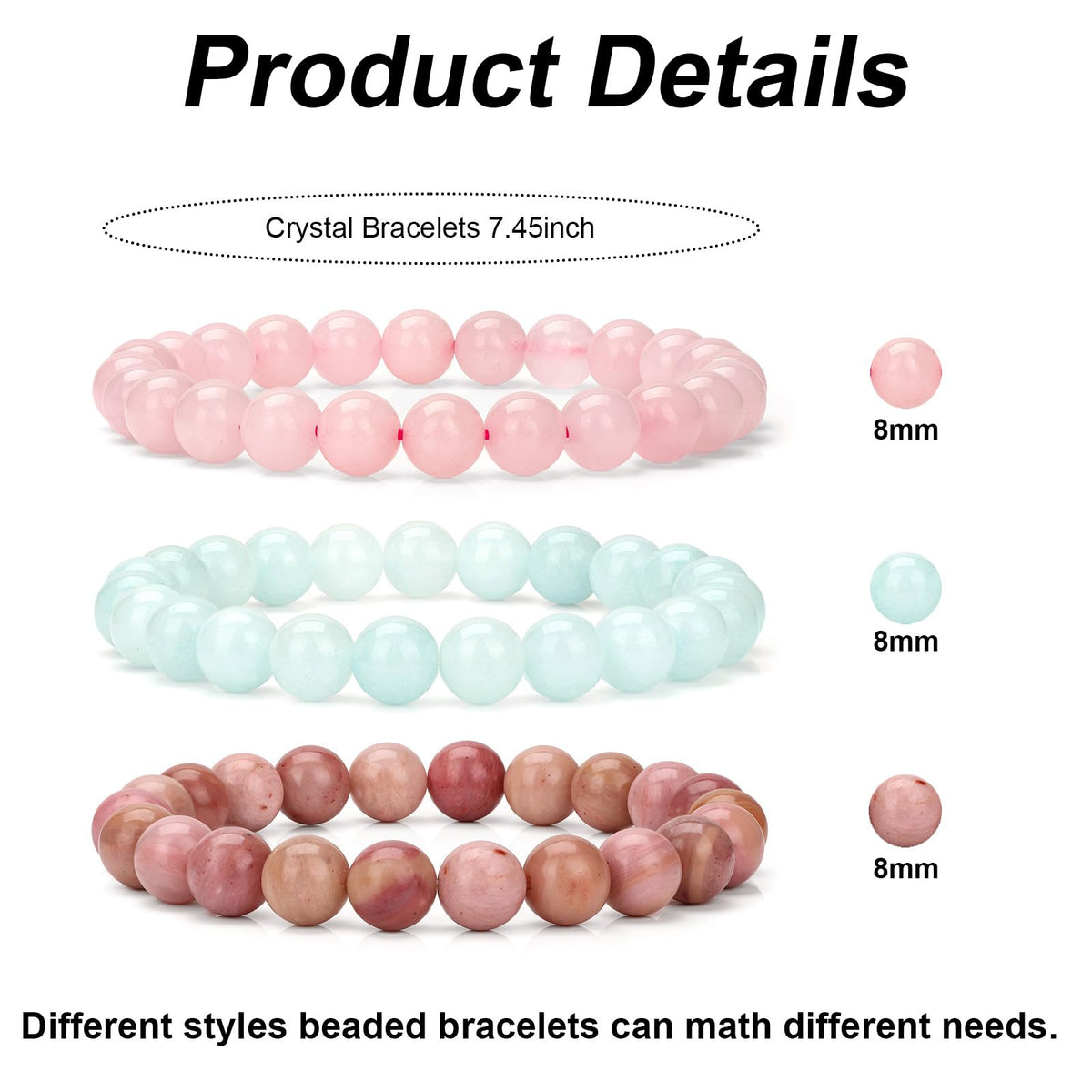 Vinswet Healing Crystal Bracelets for Women Men 8mm Rose Quartz Aquamarine Rhodochrosite Natural Stone Beaded Stretch Bracelet Triple Protection Handmade Gemstone Reiki Spiritual Jewelry Gifts