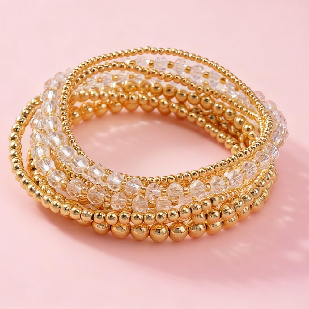 Dainty Gold Beaded Bracelet Stack for Women,Bohemia Stretch White Glass Beads Non Tarnish Stackable Bracelets Set Fashion Prom Party Holiday Accessories Jewelry Gift Friendship