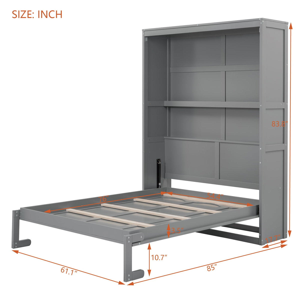 Merax Full Size Wood Modern Murphy Bed, Wall Bed with Shelves, Foldable Platform Bed Folded into Cabinet, Space-Saving Design Bed for Guest Room, Home and Office, Grey