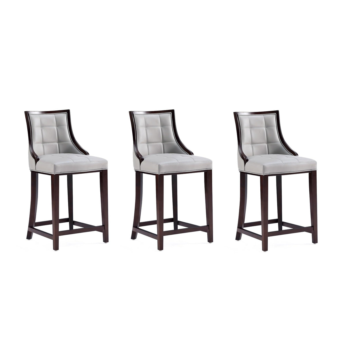 Manhattan Comfort Fifth Avenue Faux Leather Counter Stools with Rectangular Design Stitching, Foam Padding & Solid Beech Wood Frame, Fully Assembled Countertop Chairs, Set of 3, Light Grey