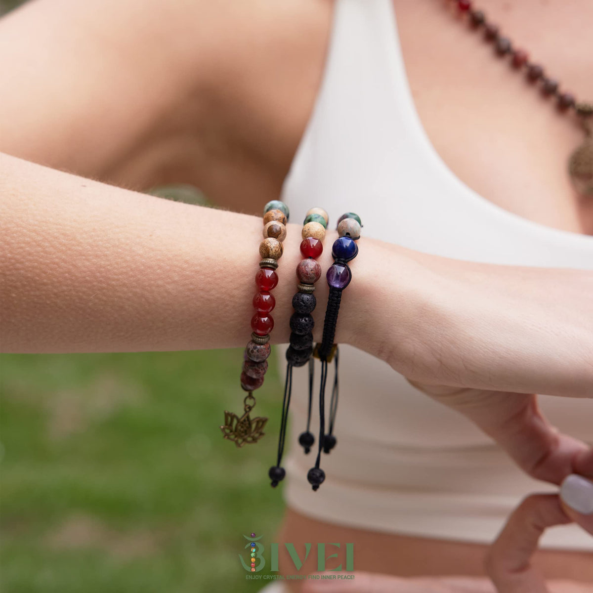 Bivei Beaded Bracelets 7 Chakra Crystal Healing Beads Bracelet Yoga Meditation 8mm Real Stones Anxiety Gemstone Adjustable Braided Bracelet for Women Jewelry (Lotus OM)